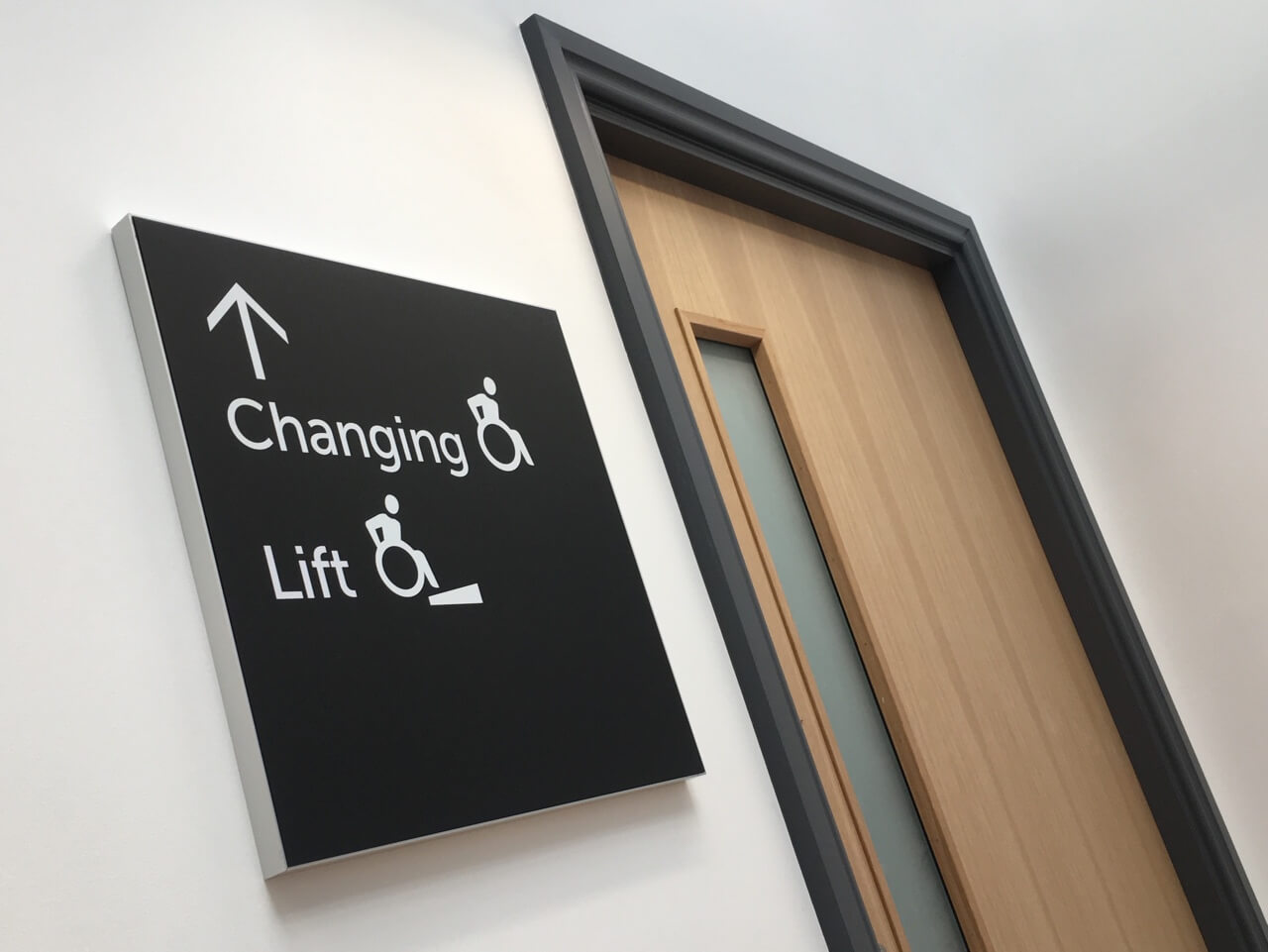 A wayfinding sign highlighting the direction to changing rooms and a lift for wheelchair access
