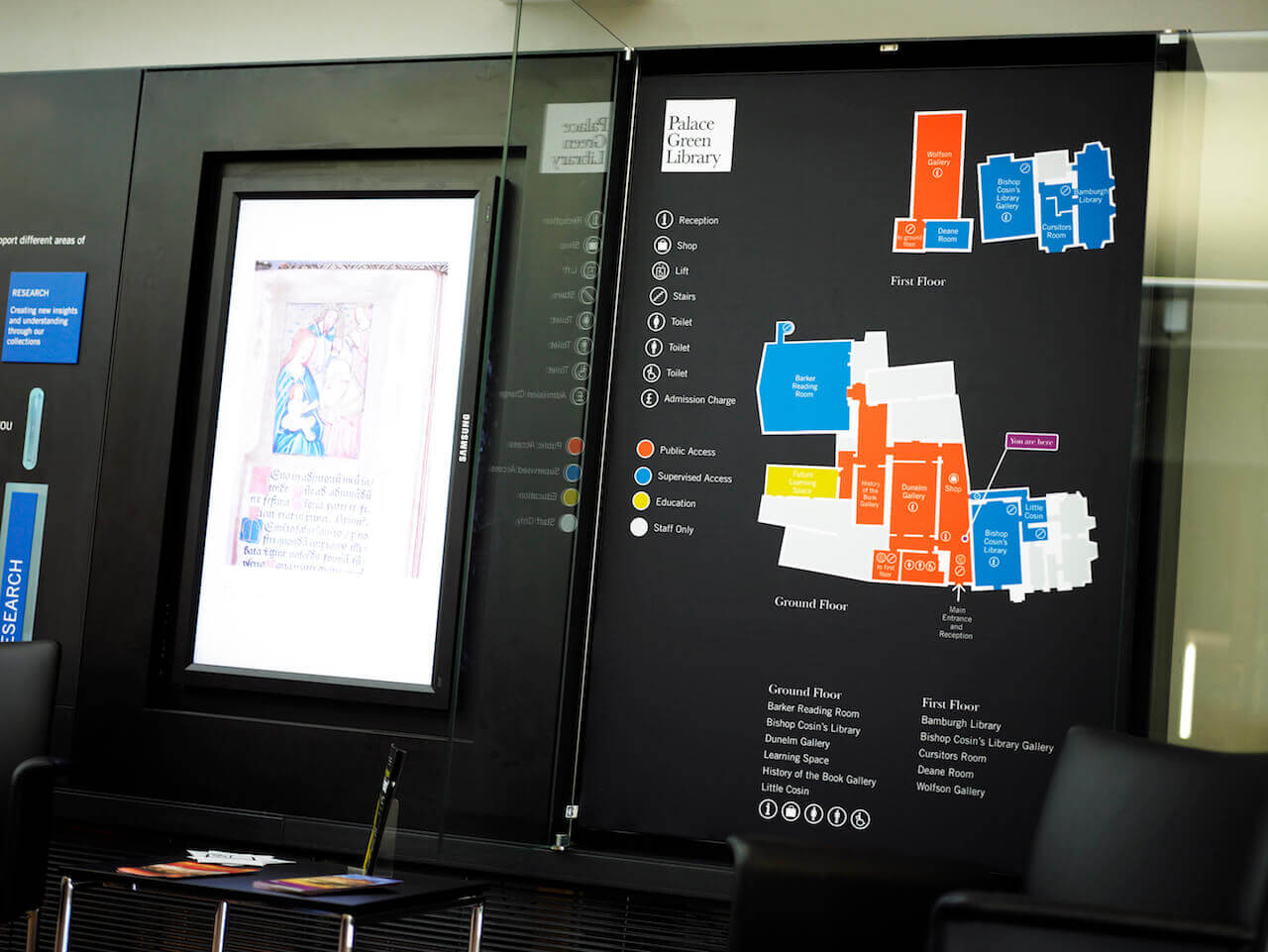 Wayfinding and environmental graphics with a map of Palace Green Library